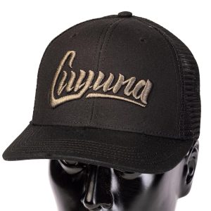 Black hat with metallic black pillow emboss of the Cuyuna signature logo across the front of the hat.