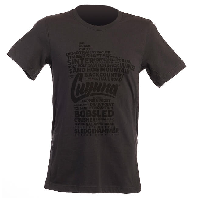 Cuyuna Mountain Bike Town Minnesota Tee. Charcoal tee with black imprint of all the names of the Cuyuna Mountain Bike Trails in the shape of the State of Minnesota with the Cuyuna logo in the middle.