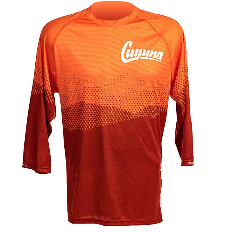 3/4 sleeve mountain bike enduro Jersey. Orange and red in color.