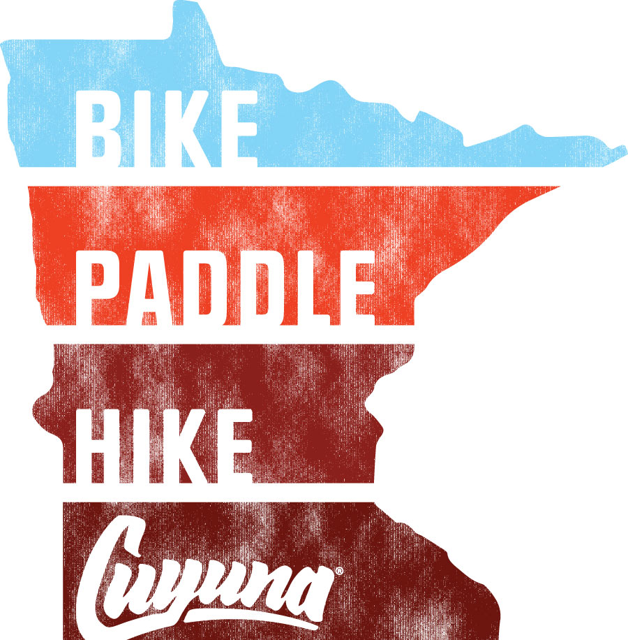 Sticker, State of Minnesota in shape with the words Bike, Paddle, Hike, and Cuyuna across the state shape in color bands of cyan, orange, maroon, and dark maroon.