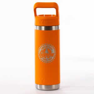 Cuyuna 18 Ounce Rambler Straw Cap Bottle – Blaze Orange stainless steel water bottle with Cuyuna Adventure Town USA logo.