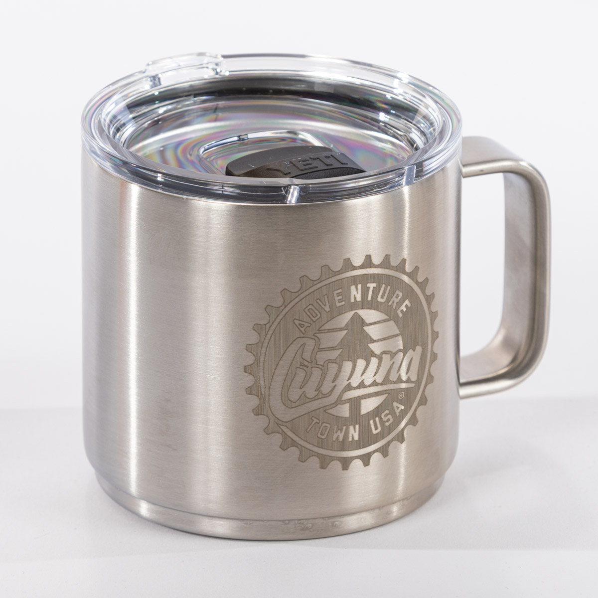 Cuyuna YETI Rambler 14 oz Camp Mug – stainless steel Cuyuna mug with compass logo and handle.