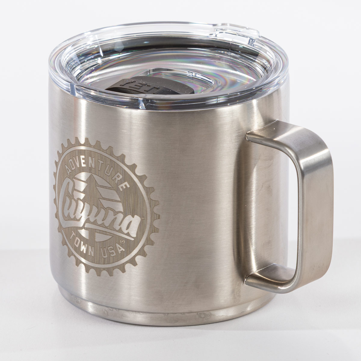 Cuyuna YETI Rambler 14 oz Camp Mug – stainless steel Cuyuna mug with compass logo and handle.