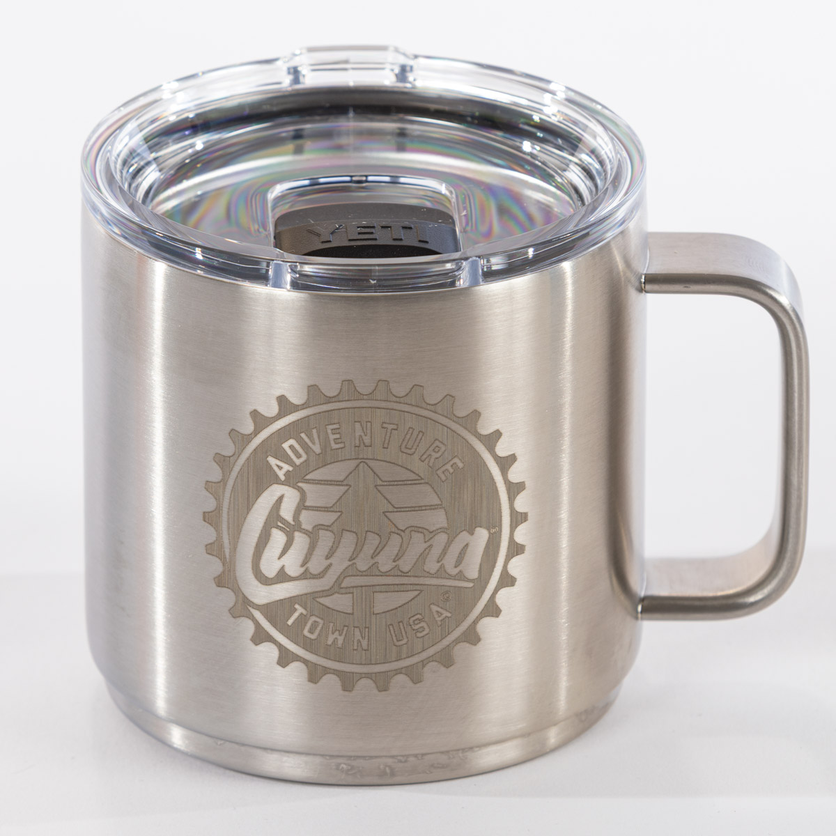 Cuyuna YETI Rambler 14 oz Camp Mug – stainless steel Cuyuna mug with compass logo and handle.