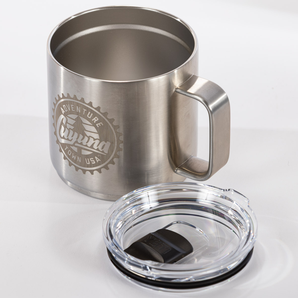 Cuyuna YETI Rambler 14 oz Camp Mug – stainless steel Cuyuna mug with compass logo and handle.