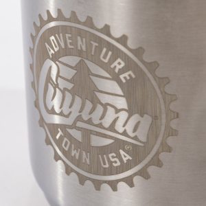 Cuyuna YETI Rambler 14 oz Camp Mug – stainless steel Cuyuna mug with compass logo and handle.