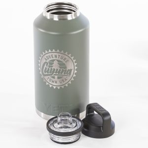 Cuyuna YETI Rambler 64 oz Bottle – Camp Cuyuna Green water bottle with laser-etched Cuyuna Adventure Town USA logo.